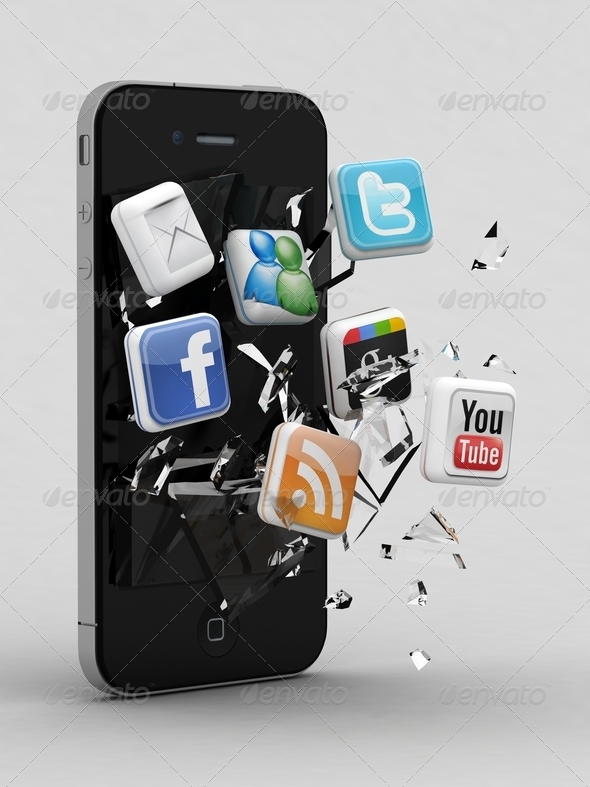 shattered smartphone social media icons